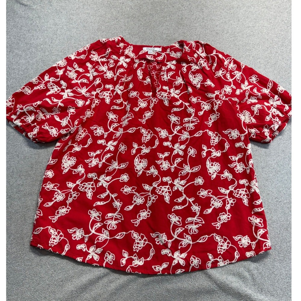 Chico's Blouse Womens 2 Red White Floral Embroidered Short Puff Sleeve Top Boho